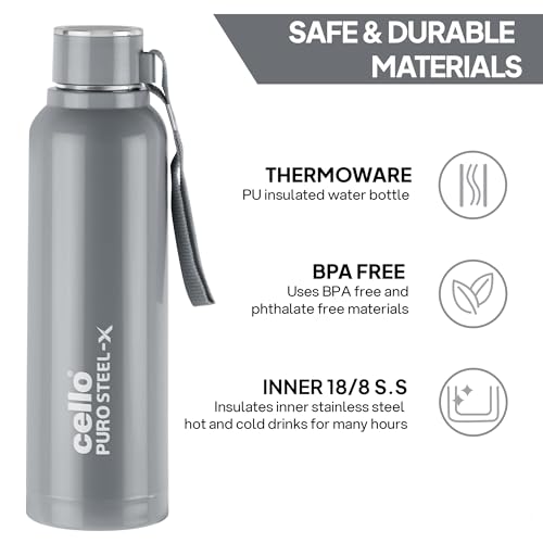 CELLO Puro Steel-X Benz 900 | Leak Proof| Wide Mouth & Easy to Open | Insulated Inner Steel Water Bottle | 650ml | Peach