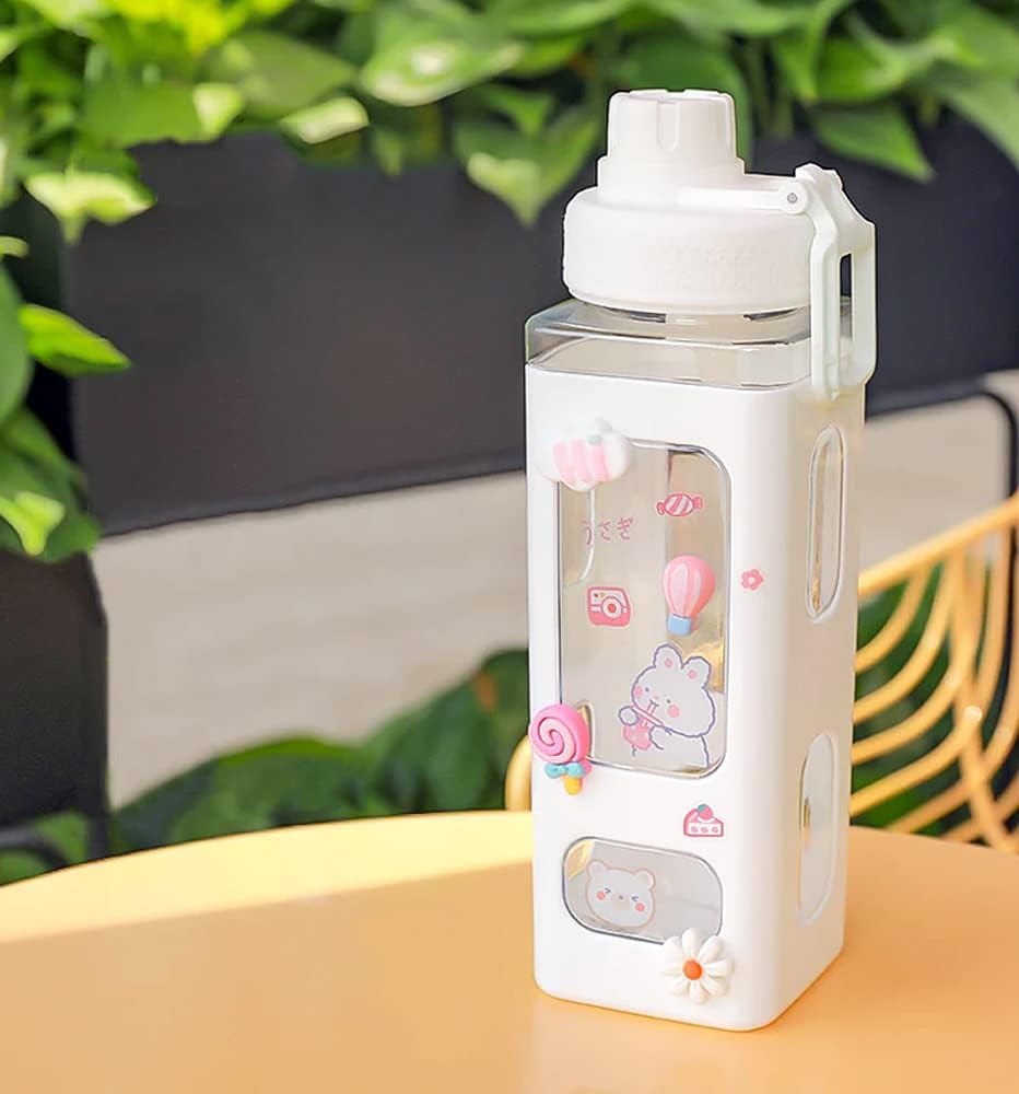 Bottle with Straw and Sticker, Kawaii Bear Water Bottle, Large Sport Plastic Portable Square Drinking Bottle for Girl, Cute Juice Tea Water Cups (White), 700 ML