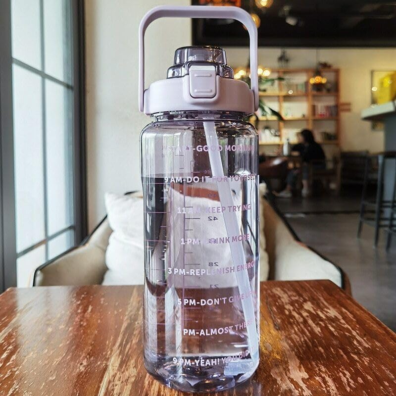 2 L Capacity Belt Straw Transparent Motivational Water Bottles|Time Marker Leak Proof&Break-Proof|Best Usage For Office/School/Gym/Travel Bottle|Bpa-Free Fitness Sports Bottle (Purple)