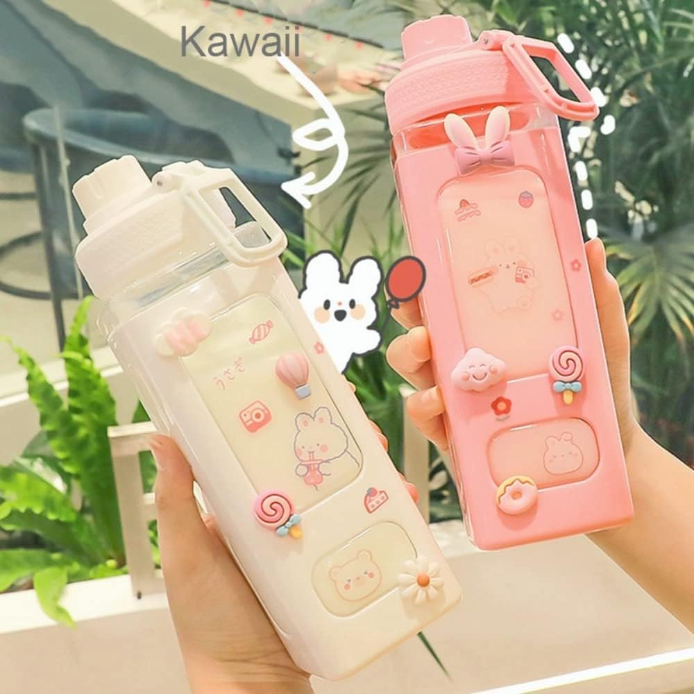 Bottle with Straw and Sticker, Kawaii Bear Water Bottle, Large Sport Plastic Portable Square Drinking Bottle for Girl, Cute Juice Tea Water Cups (White), 700 ML