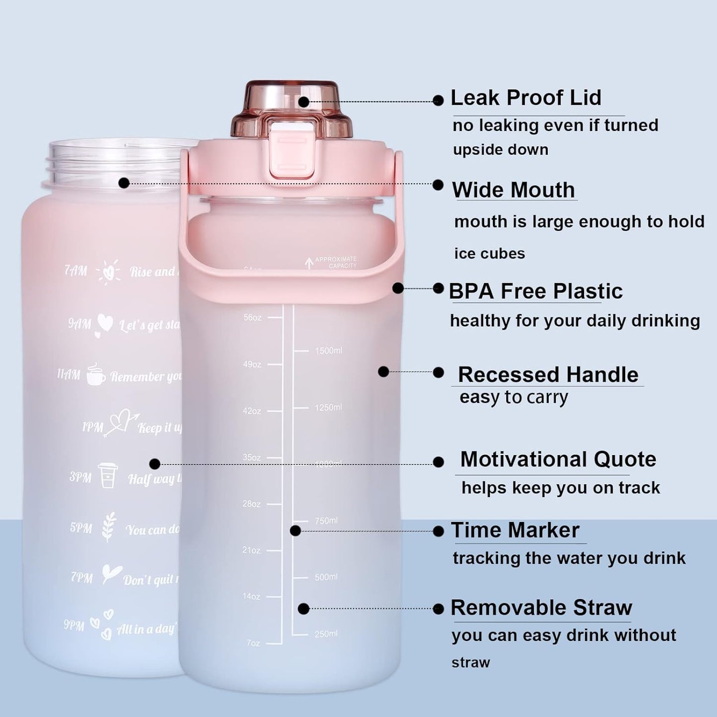 TEKCOOL Water Bottle For Office, Gym, Travel, Sports Leakproof 2 Liter Bottle With BPA-Free Plastic Included Silicone Pipe (Blue Orange)