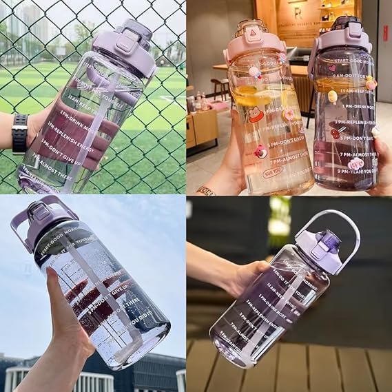 2 L Capacity Belt Straw Transparent Motivational Water Bottles|Time Marker Leak Proof&Break-Proof|Best Usage For Office/School/Gym/Travel Bottle|Bpa-Free Fitness Sports Bottle (Purple)
