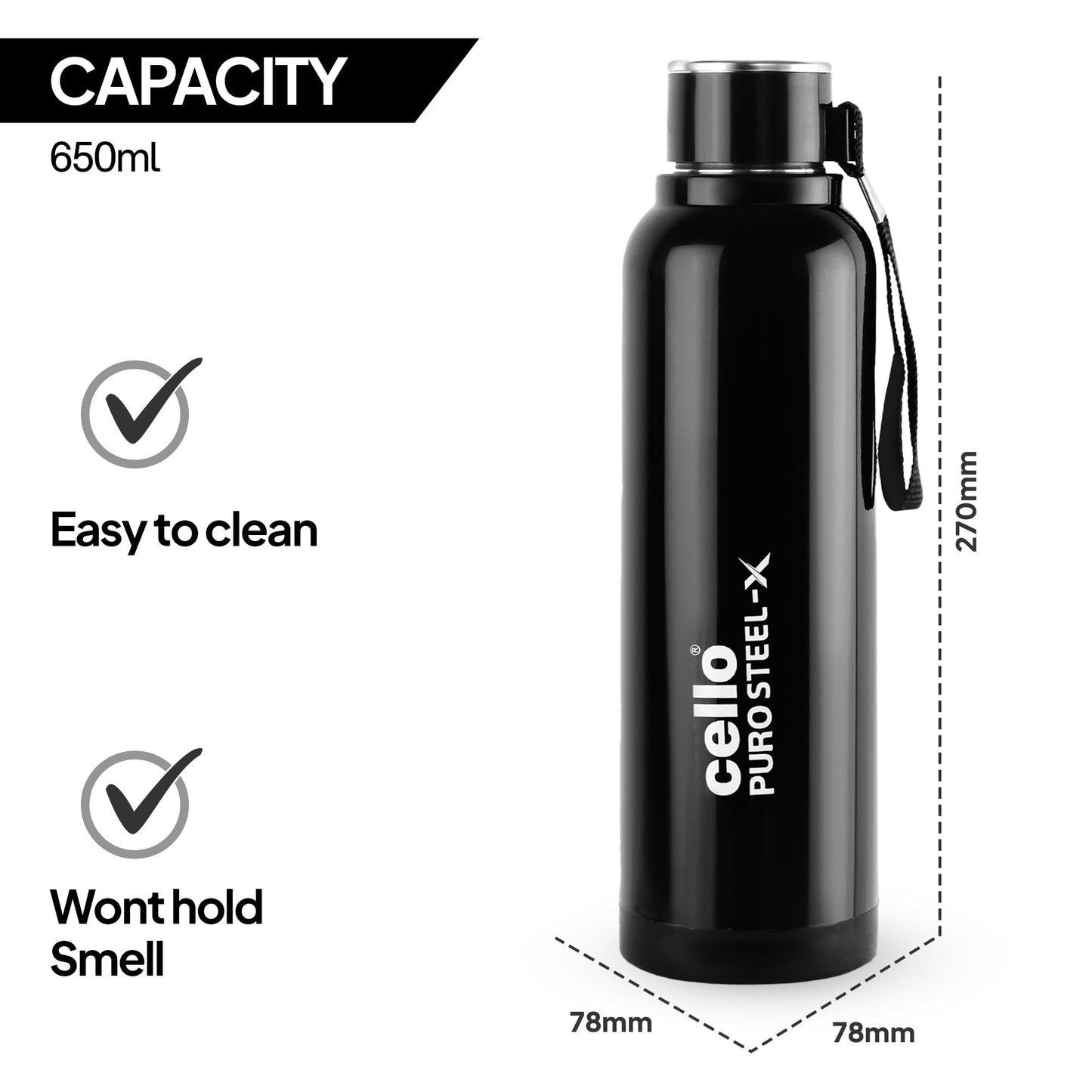 CELLO Puro Steel-X Benz 900 | Leak Proof| Wide Mouth & Easy to Open | Insulated Inner Steel Water Bottle | 650ml | Peach
