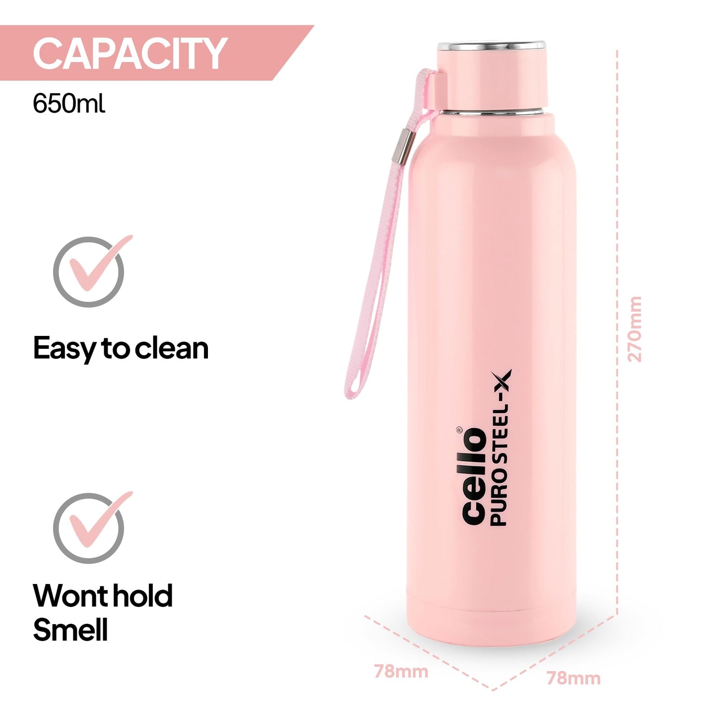 CELLO Puro Steel-X Benz 900 | Leak Proof| Wide Mouth & Easy to Open | Insulated Inner Steel Water Bottle | 650ml | Peach