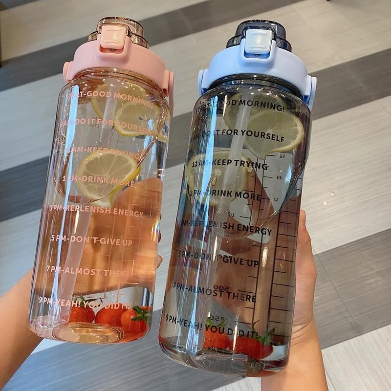 2 L Capacity Belt Straw Transparent Motivational Water Bottles|Time Marker Leak Proof&Break-Proof|Best Usage For Office/School/Gym/Travel Bottle|Bpa-Free Fitness Sports Bottle (Purple)