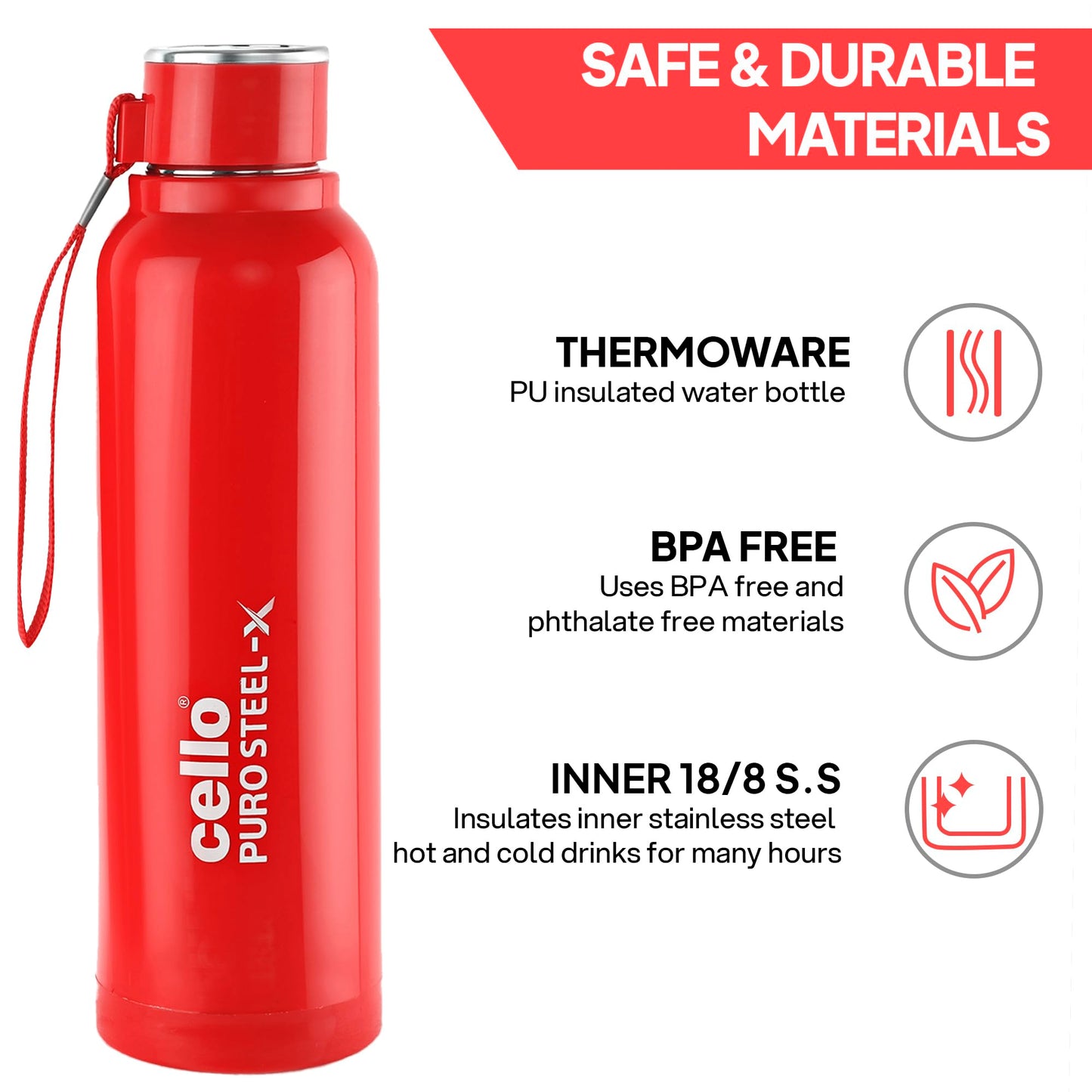 CELLO Puro Steel-X Benz 900 | Leak Proof| Wide Mouth & Easy to Open | Insulated Inner Steel Water Bottle | 650ml | Peach