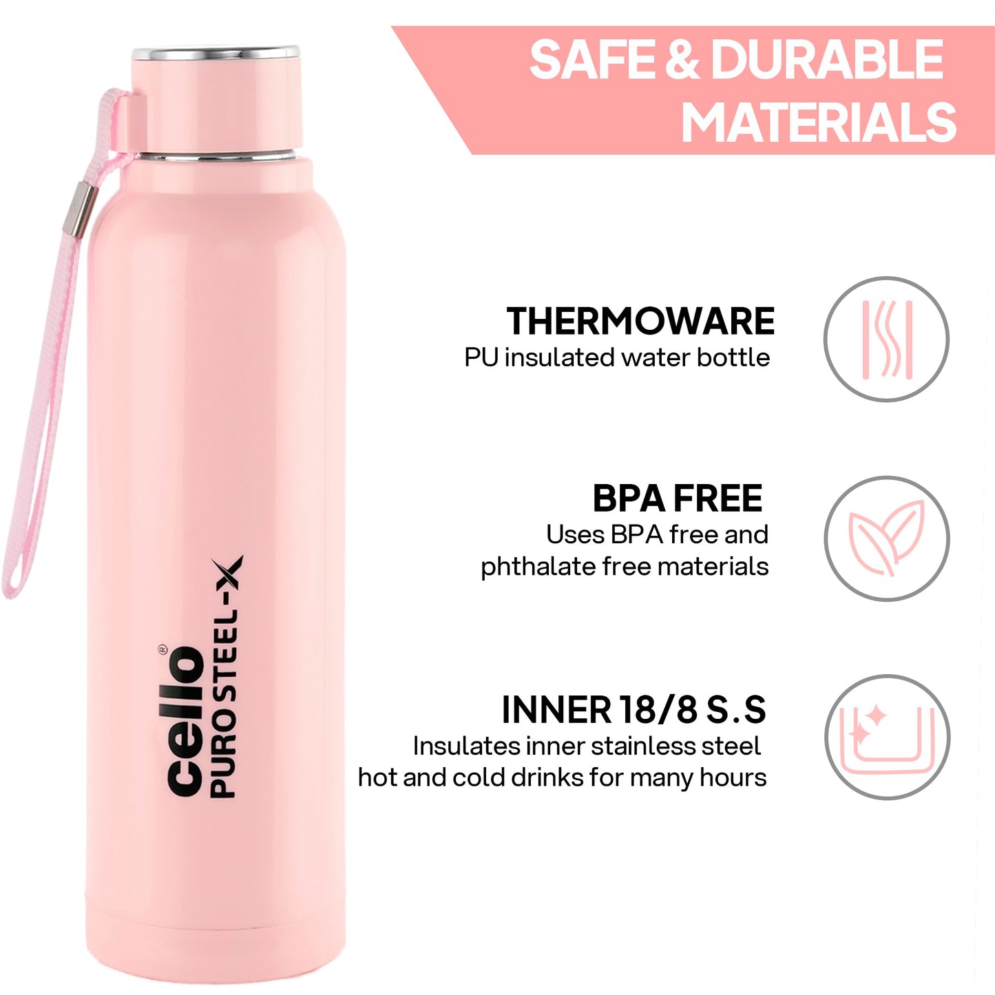 CELLO Puro Steel-X Benz 900 | Leak Proof| Wide Mouth & Easy to Open | Insulated Inner Steel Water Bottle | 650ml | Peach