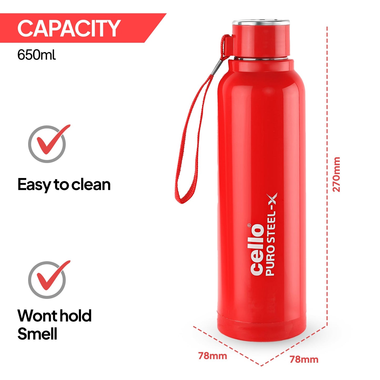 CELLO Puro Steel-X Benz 900 | Leak Proof| Wide Mouth & Easy to Open | Insulated Inner Steel Water Bottle | 650ml | Peach