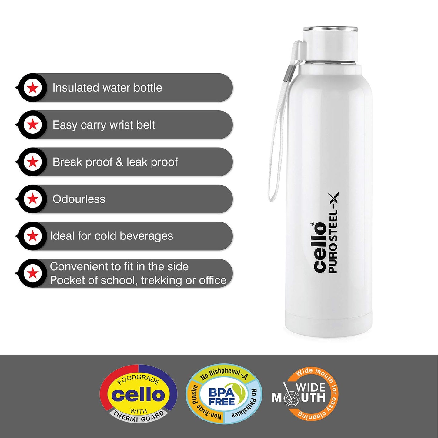 CELLO Puro Steel-X Benz 900 | Leak Proof| Wide Mouth & Easy to Open | Insulated Inner Steel Water Bottle | 650ml | Peach