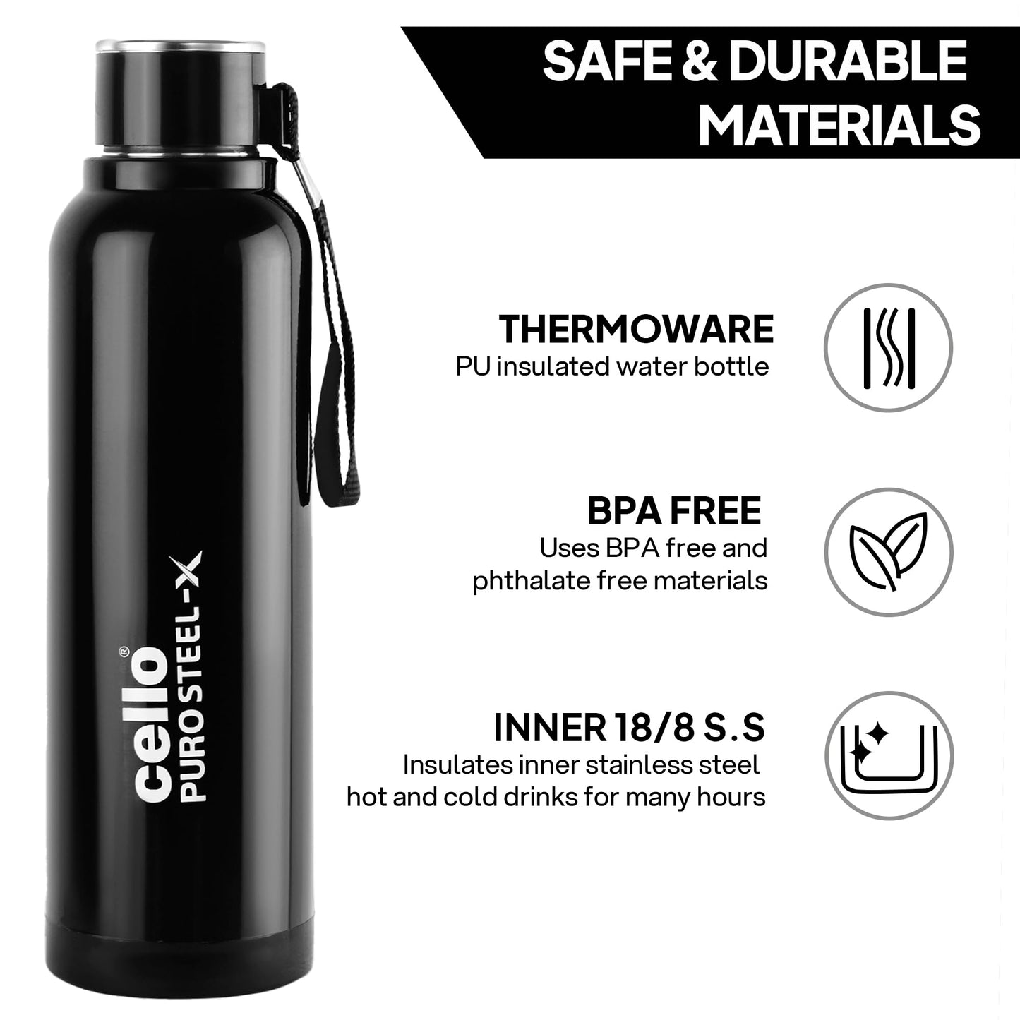 CELLO Puro Steel-X Benz 900 | Leak Proof| Wide Mouth & Easy to Open | Insulated Inner Steel Water Bottle | 650ml | Peach