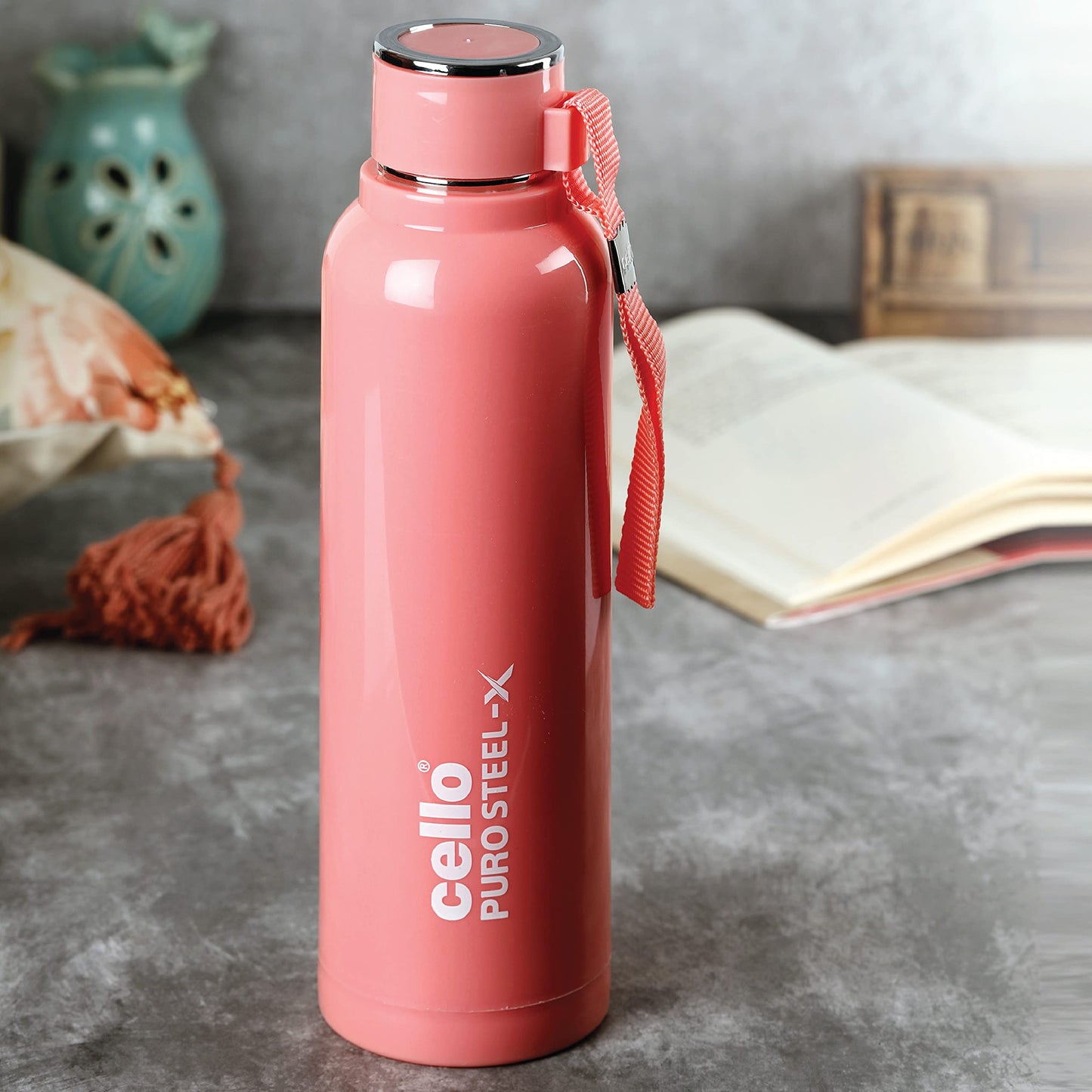 CELLO Puro Steel-X Benz 900 | Leak Proof| Wide Mouth & Easy to Open | Insulated Inner Steel Water Bottle | 650ml | Peach