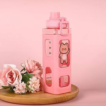Bottle with Straw and Sticker, Kawaii Bear Water Bottle, Large Sport Plastic Portable Square Drinking Bottle for Girl, Cute Juice Tea Water Cups (White), 700 ML