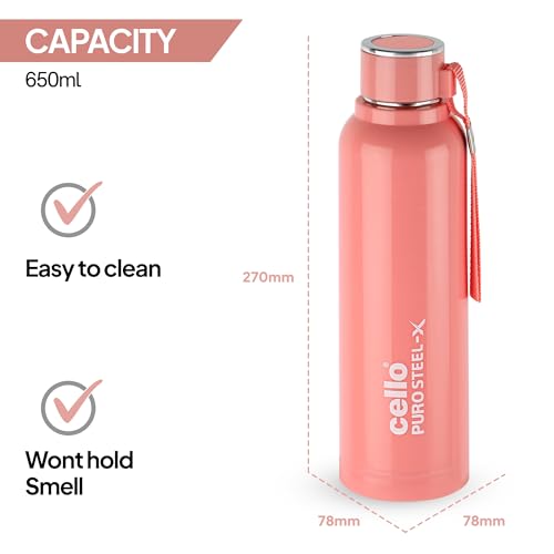 CELLO Puro Steel-X Benz 900 | Leak Proof| Wide Mouth & Easy to Open | Insulated Inner Steel Water Bottle | 650ml | Peach