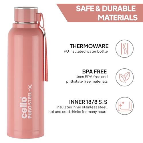 CELLO Puro Steel-X Benz 900 | Leak Proof| Wide Mouth & Easy to Open | Insulated Inner Steel Water Bottle | 650ml | Peach