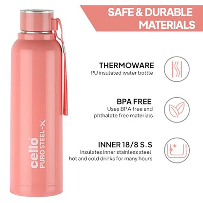 CELLO Puro Steel-X Benz 900 | Leak Proof| Wide Mouth & Easy to Open | Insulated Inner Steel Water Bottle | 650ml | Peach