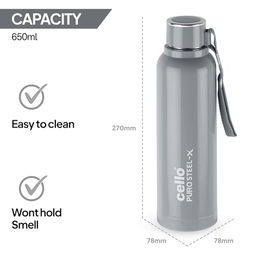 CELLO Puro Steel-X Benz 900 | Leak Proof| Wide Mouth & Easy to Open | Insulated Inner Steel Water Bottle | 650ml | Peach