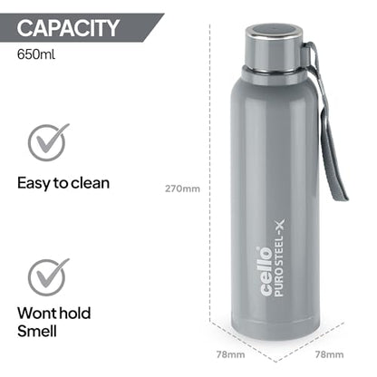 CELLO Puro Steel-X Benz 900 | Leak Proof| Wide Mouth & Easy to Open | Insulated Inner Steel Water Bottle | 650ml | Peach