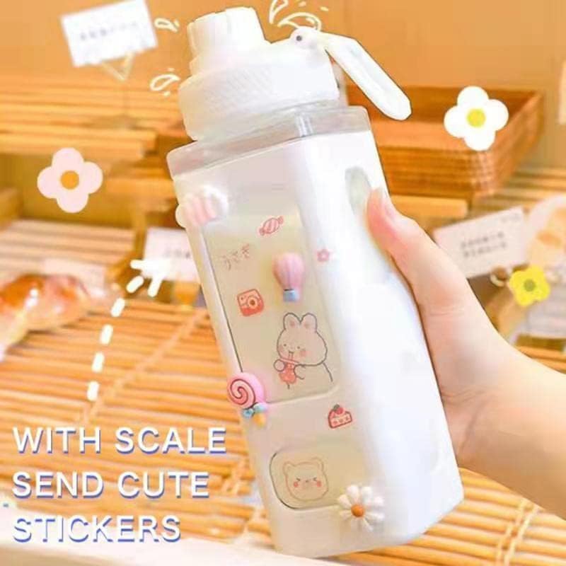 Bottle with Straw and Sticker, Kawaii Bear Water Bottle, Large Sport Plastic Portable Square Drinking Bottle for Girl, Cute Juice Tea Water Cups (White), 700 ML
