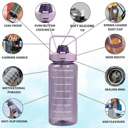 2 L Capacity Belt Straw Transparent Motivational Water Bottles|Time Marker Leak Proof&Break-Proof|Best Usage For Office/School/Gym/Travel Bottle|Bpa-Free Fitness Sports Bottle (Purple)