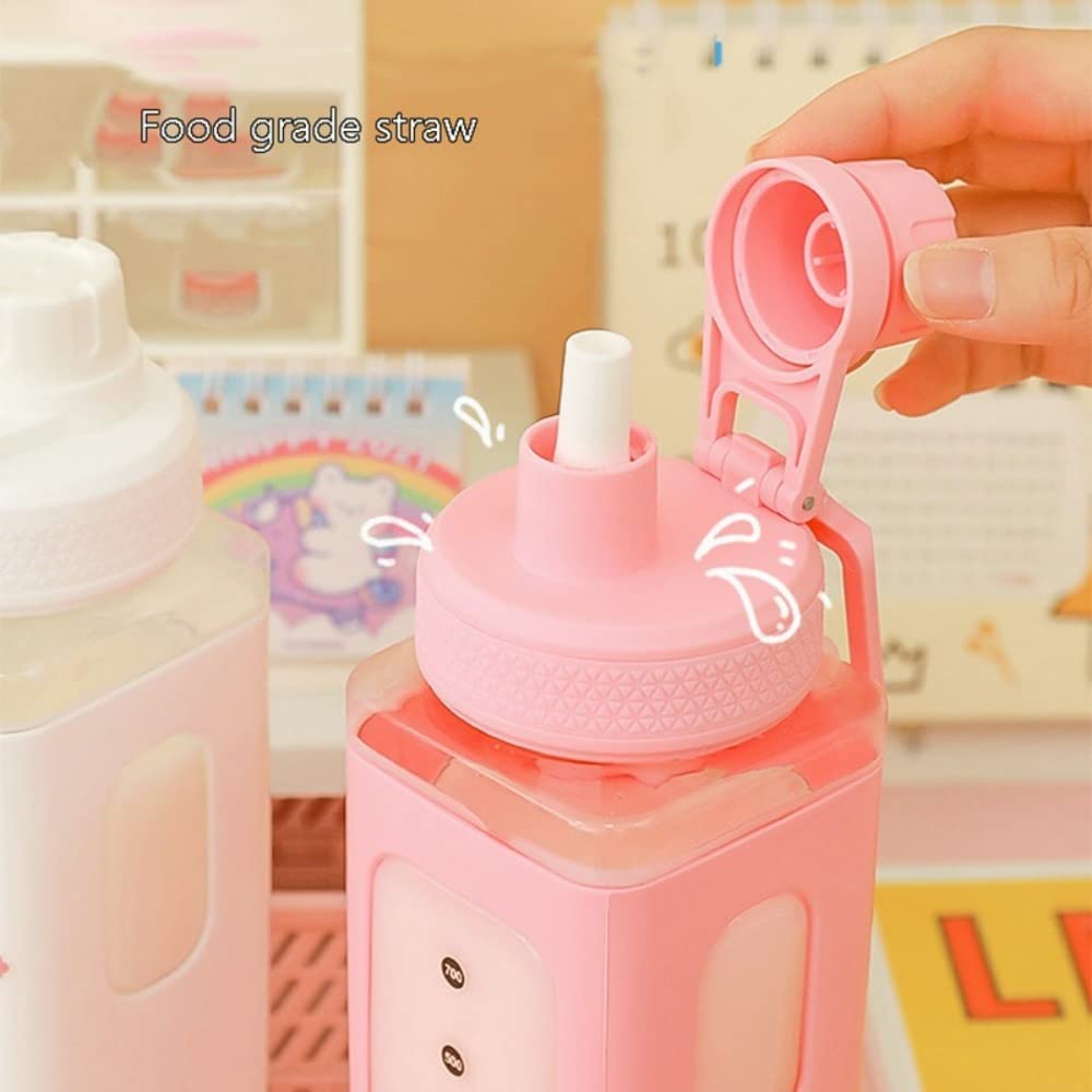 Bottle with Straw and Sticker, Kawaii Bear Water Bottle, Large Sport Plastic Portable Square Drinking Bottle for Girl, Cute Juice Tea Water Cups (White), 700 ML