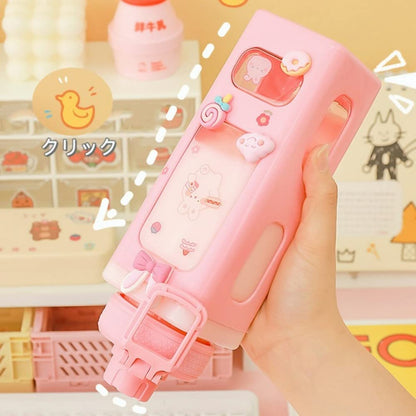 Bottle with Straw and Sticker, Kawaii Bear Water Bottle, Large Sport Plastic Portable Square Drinking Bottle for Girl, Cute Juice Tea Water Cups (White), 700 ML