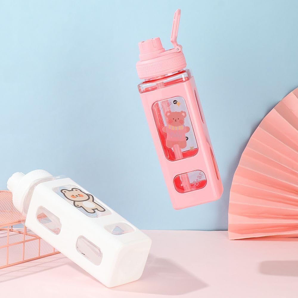 Bottle with Straw and Sticker, Kawaii Bear Water Bottle, Large Sport Plastic Portable Square Drinking Bottle for Girl, Cute Juice Tea Water Cups (White), 700 ML