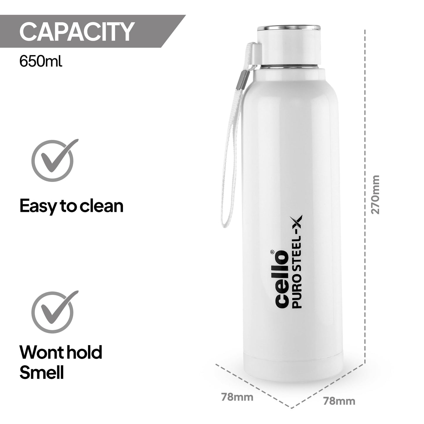 CELLO Puro Steel-X Benz 900 | Leak Proof| Wide Mouth & Easy to Open | Insulated Inner Steel Water Bottle | 650ml | Peach