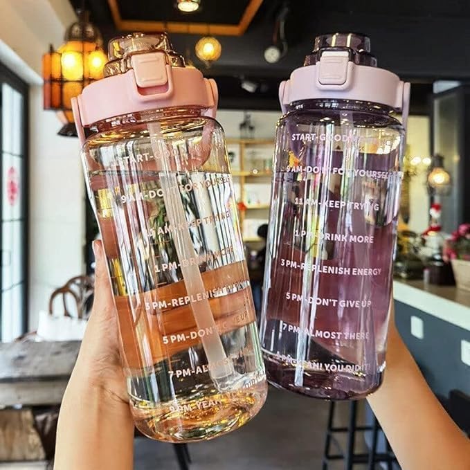 2 L Capacity Belt Straw Transparent Motivational Water Bottles|Time Marker Leak Proof&Break-Proof|Best Usage For Office/School/Gym/Travel Bottle|Bpa-Free Fitness Sports Bottle (Purple)