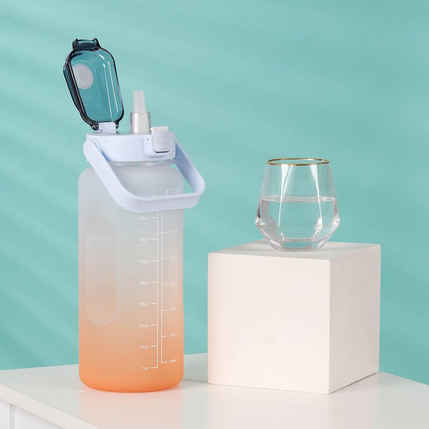 TEKCOOL Water Bottle For Office, Gym, Travel, Sports Leakproof 2 Liter Bottle With BPA-Free Plastic Included Silicone Pipe (Blue Orange)