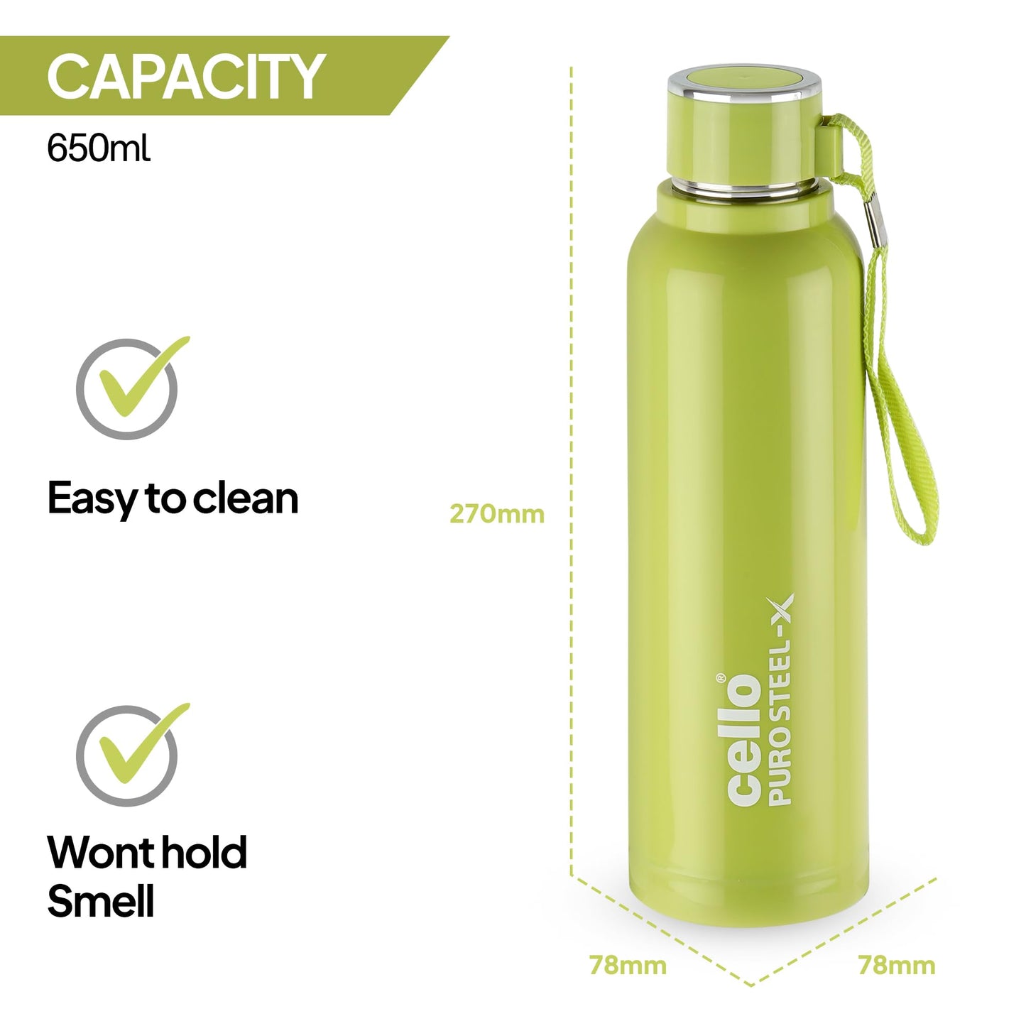 CELLO Puro Steel-X Benz 900 | Leak Proof| Wide Mouth & Easy to Open | Insulated Inner Steel Water Bottle | 650ml | Peach
