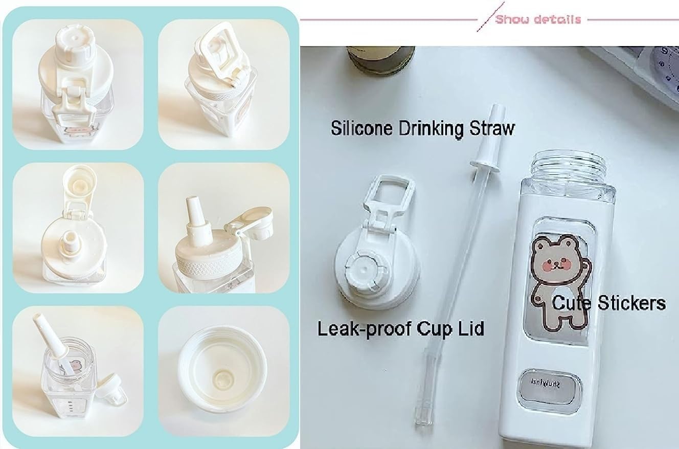 Bottle with Straw and Sticker, Kawaii Bear Water Bottle, Large Sport Plastic Portable Square Drinking Bottle for Girl, Cute Juice Tea Water Cups (White), 700 ML