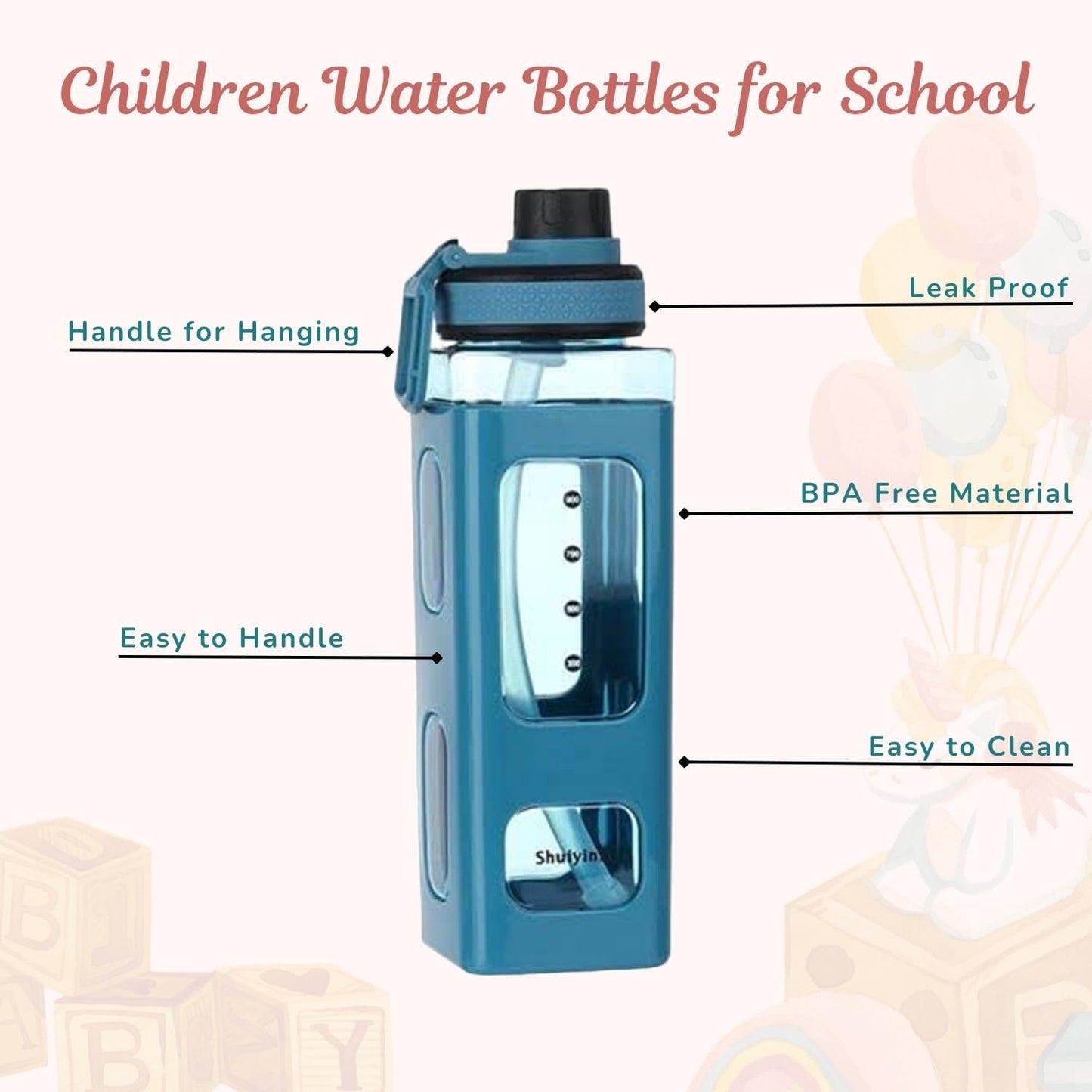 Bottle with Straw and Sticker, Kawaii Bear Water Bottle, Large Sport Plastic Portable Square Drinking Bottle for Girl, Cute Juice Tea Water Cups (White), 700 ML