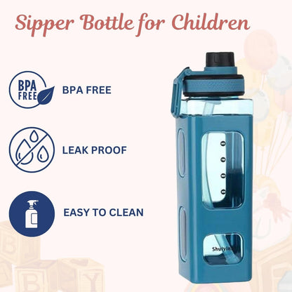 Bottle with Straw and Sticker, Kawaii Bear Water Bottle, Large Sport Plastic Portable Square Drinking Bottle for Girl, Cute Juice Tea Water Cups (White), 700 ML