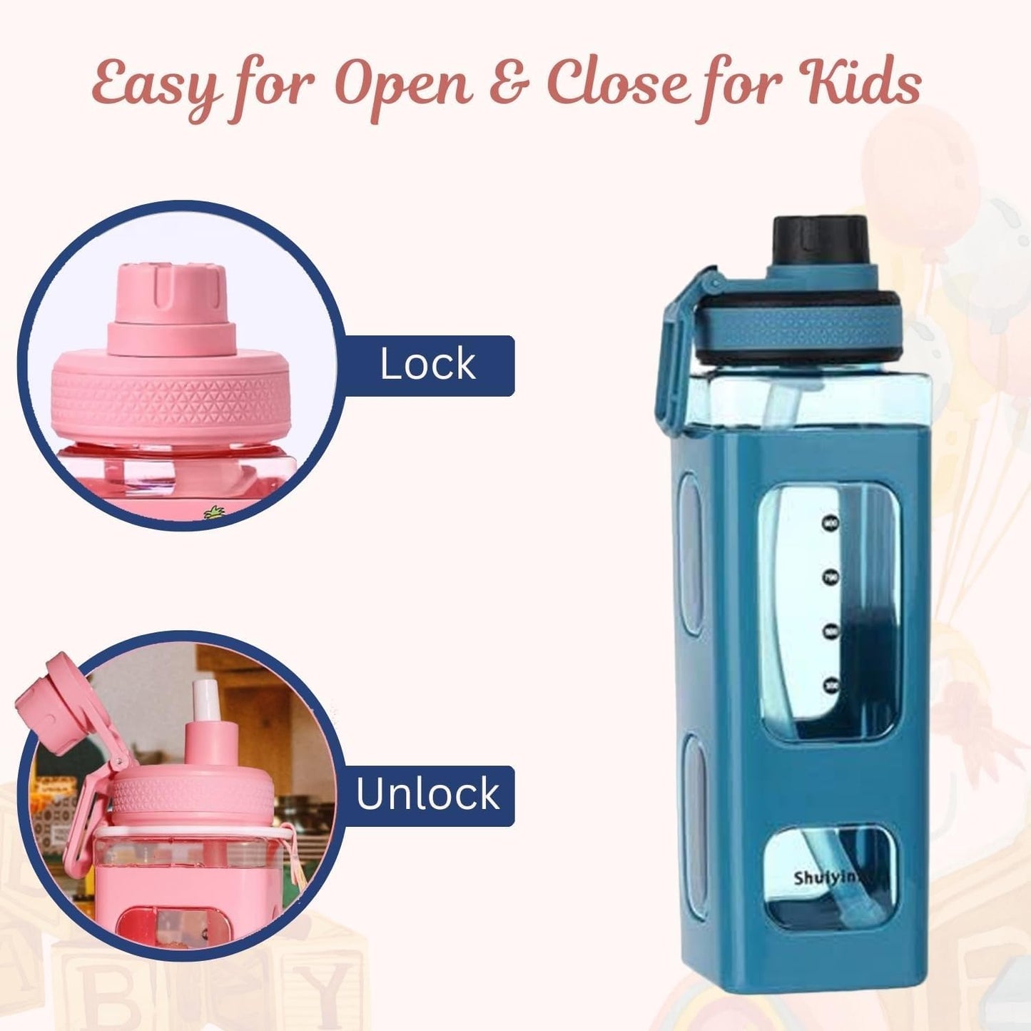 Bottle with Straw and Sticker, Kawaii Bear Water Bottle, Large Sport Plastic Portable Square Drinking Bottle for Girl, Cute Juice Tea Water Cups (White), 700 ML