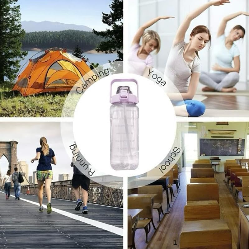 2 L Capacity Belt Straw Transparent Motivational Water Bottles|Time Marker Leak Proof&Break-Proof|Best Usage For Office/School/Gym/Travel Bottle|Bpa-Free Fitness Sports Bottle (Purple)