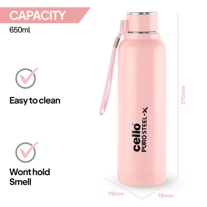 CELLO Puro Steel-X Benz 900 | Leak Proof| Wide Mouth & Easy to Open | Insulated Inner Steel Water Bottle | 650ml | Peach
