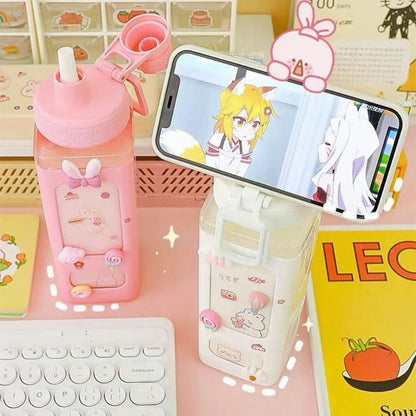 Bottle with Straw and Sticker, Kawaii Bear Water Bottle, Large Sport Plastic Portable Square Drinking Bottle for Girl, Cute Juice Tea Water Cups (White), 700 ML
