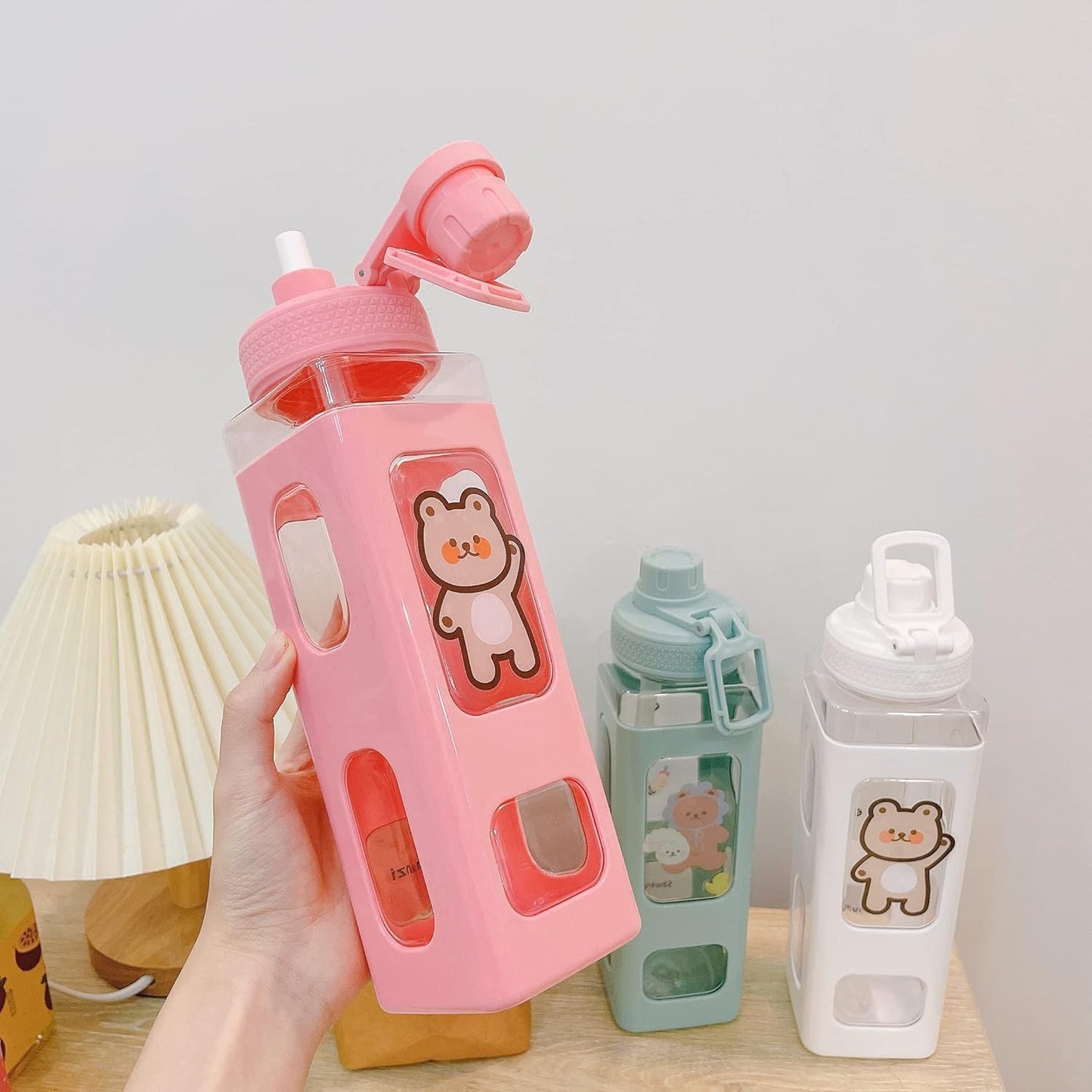 Bottle with Straw and Sticker, Kawaii Bear Water Bottle, Large Sport Plastic Portable Square Drinking Bottle for Girl, Cute Juice Tea Water Cups (White), 700 ML