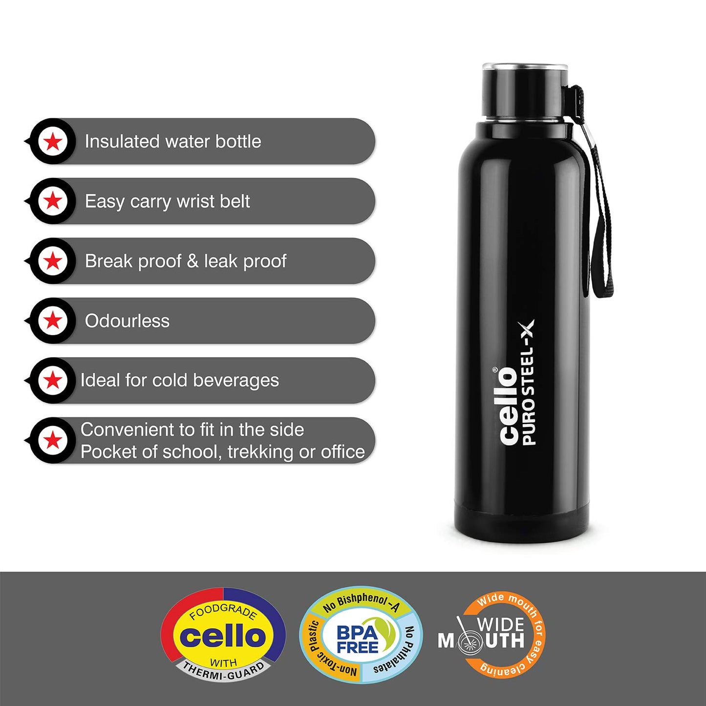 CELLO Puro Steel-X Benz 900 | Leak Proof| Wide Mouth & Easy to Open | Insulated Inner Steel Water Bottle | 650ml | Peach