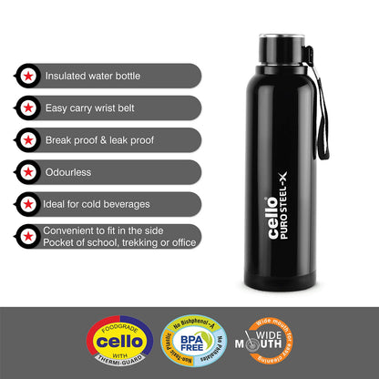 CELLO Puro Steel-X Benz 900 | Leak Proof| Wide Mouth & Easy to Open | Insulated Inner Steel Water Bottle | 650ml | Peach