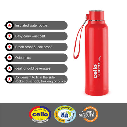 CELLO Puro Steel-X Benz 900 | Leak Proof| Wide Mouth & Easy to Open | Insulated Inner Steel Water Bottle | 650ml | Peach