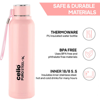 CELLO Puro Steel-X Benz 900 | Leak Proof| Wide Mouth & Easy to Open | Insulated Inner Steel Water Bottle | 650ml | Peach