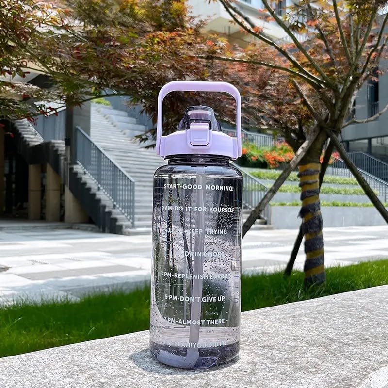 2 L Capacity Belt Straw Transparent Motivational Water Bottles|Time Marker Leak Proof&Break-Proof|Best Usage For Office/School/Gym/Travel Bottle|Bpa-Free Fitness Sports Bottle (Purple)