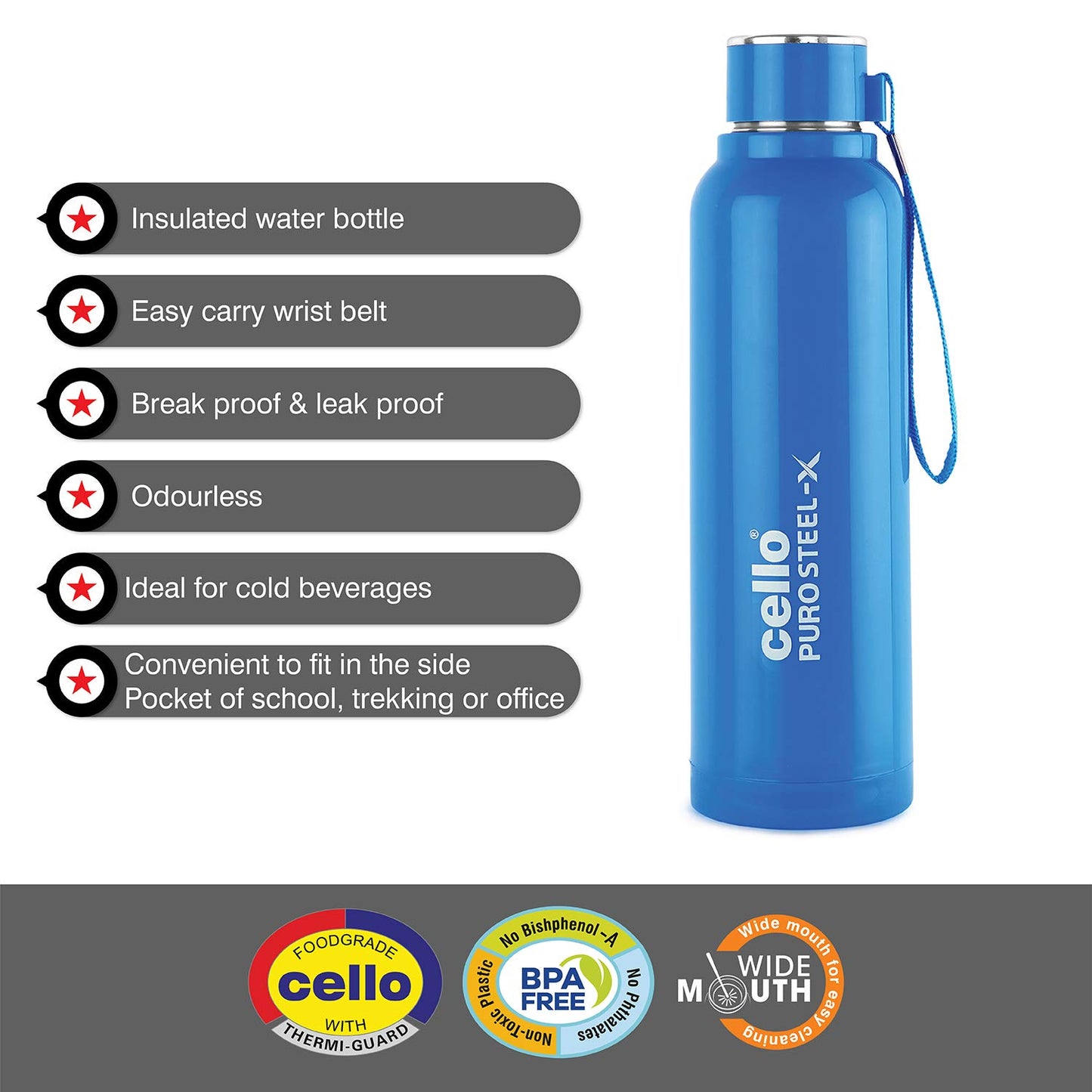 CELLO Puro Steel-X Benz 900 | Leak Proof| Wide Mouth & Easy to Open | Insulated Inner Steel Water Bottle | 650ml | Peach