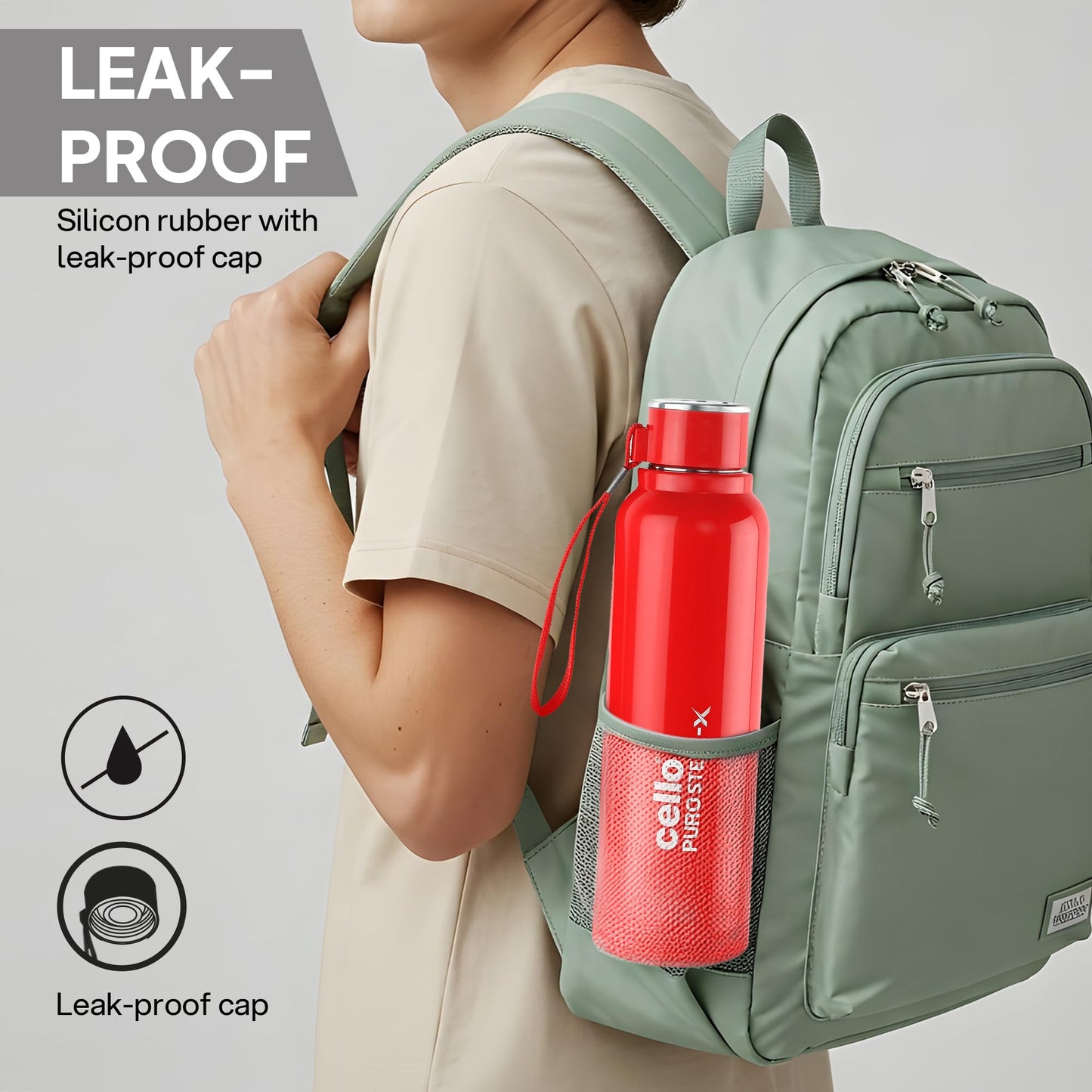 CELLO Puro Steel-X Benz 900 | Leak Proof| Wide Mouth & Easy to Open | Insulated Inner Steel Water Bottle | 650ml | Peach
