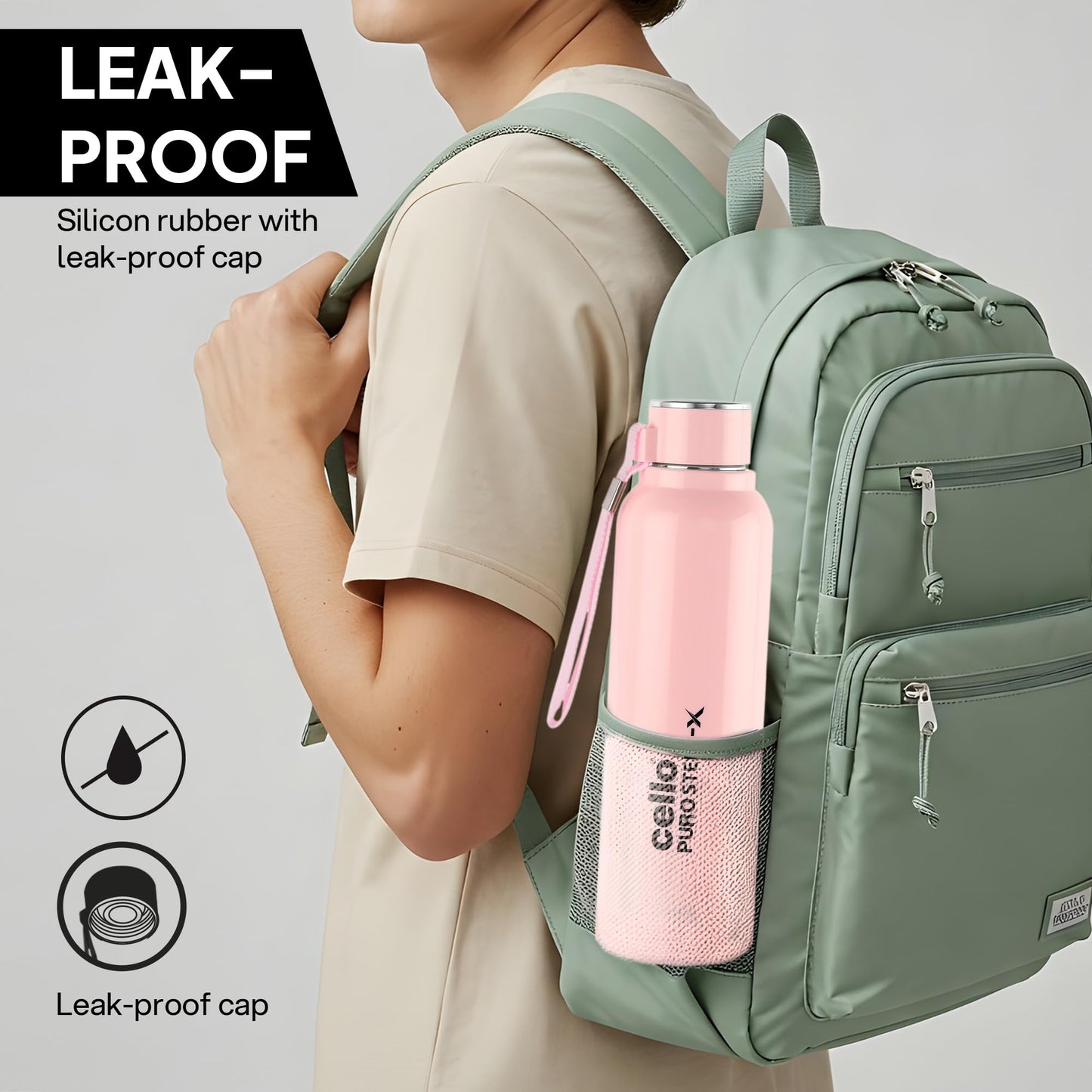 CELLO Puro Steel-X Benz 900 | Leak Proof| Wide Mouth & Easy to Open | Insulated Inner Steel Water Bottle | 650ml | Peach