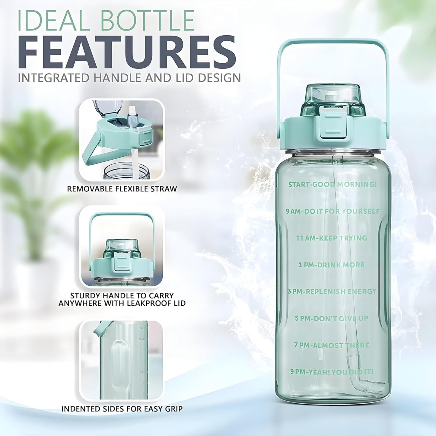 2 L Capacity Belt Straw Transparent Motivational Water Bottles|Time Marker Leak Proof&Break-Proof|Best Usage For Office/School/Gym/Travel Bottle|Bpa-Free Fitness Sports Bottle (Purple)