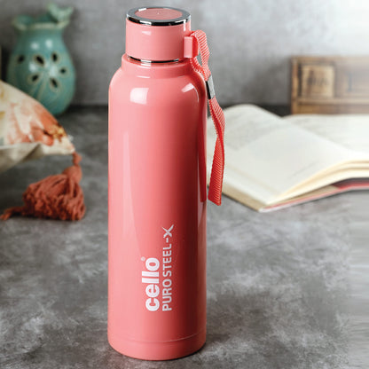 CELLO Puro Steel-X Benz 900 | Leak Proof| Wide Mouth & Easy to Open | Insulated Inner Steel Water Bottle | 650ml | Peach